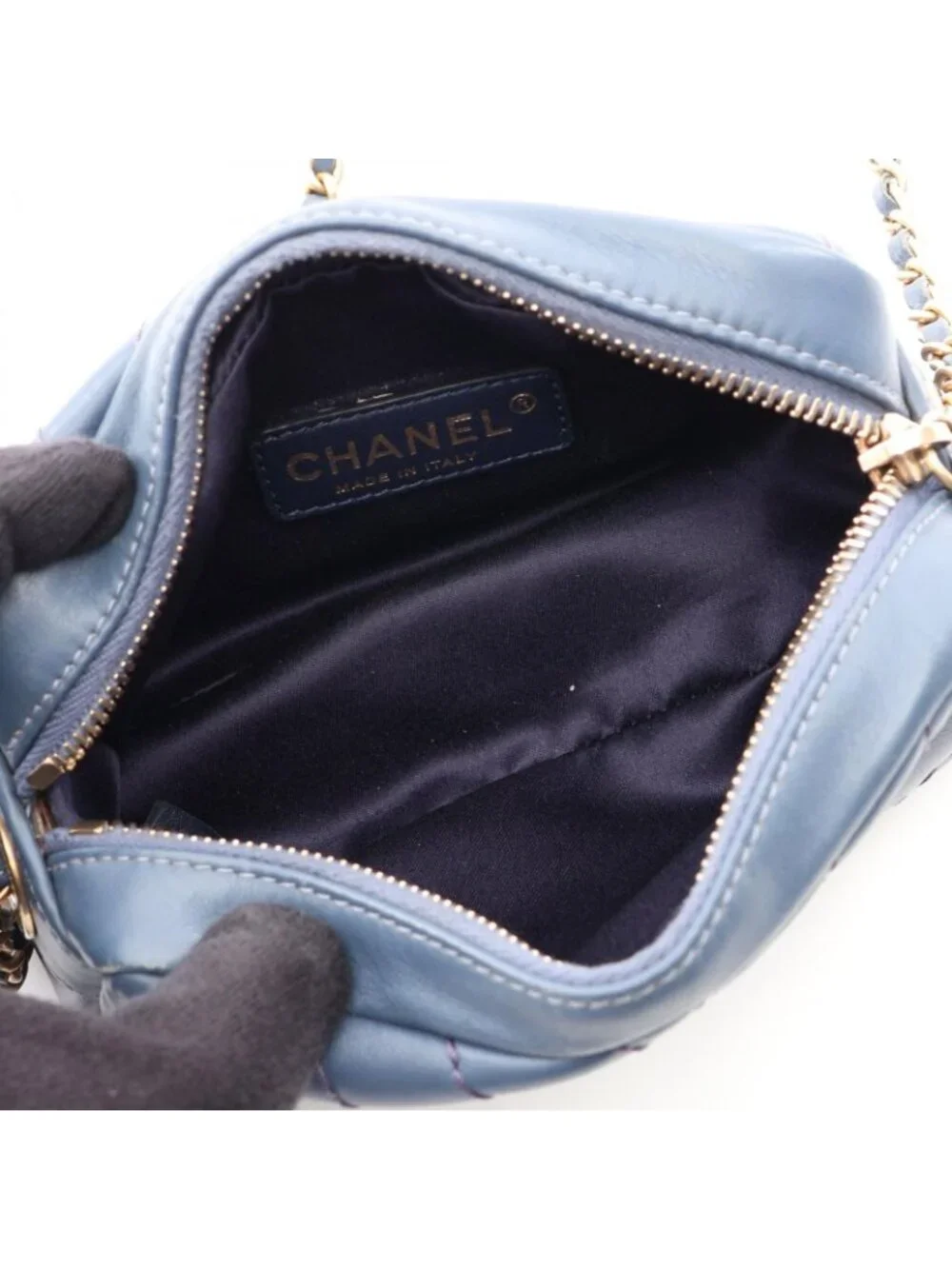 Chanel Shoulder Bag Stitch Che Blanc Smoked Blue Leather Mini Chain